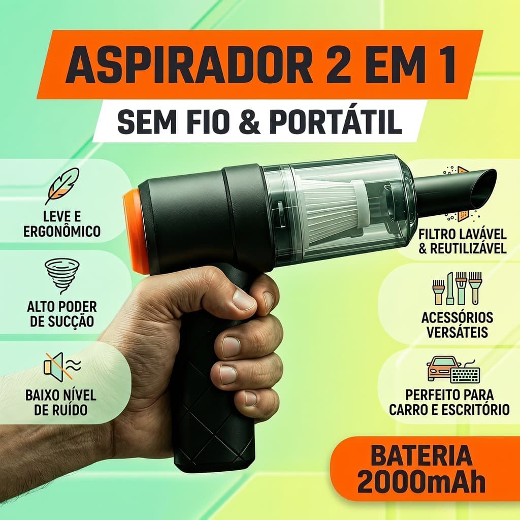 Presente Aspirador Soprador 2 em 1 Sem Fio Type-C | 2000mAh Portátil Recarregável | Carro Casa Teclado Escritório