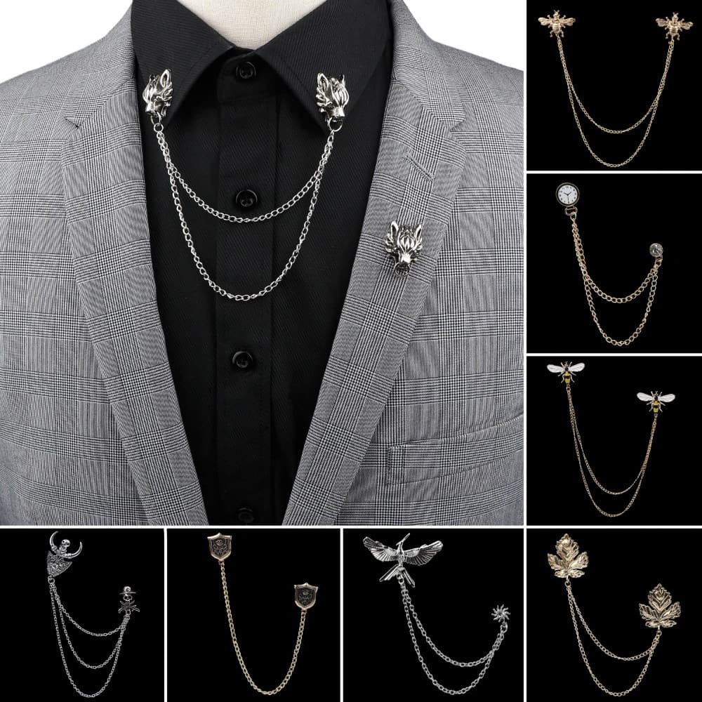 Colar de Camisa de Terno Masculino, Broche de Lapela com Corrente de Franjas, Acessórios Retrô para Noivas e Dança BJI9