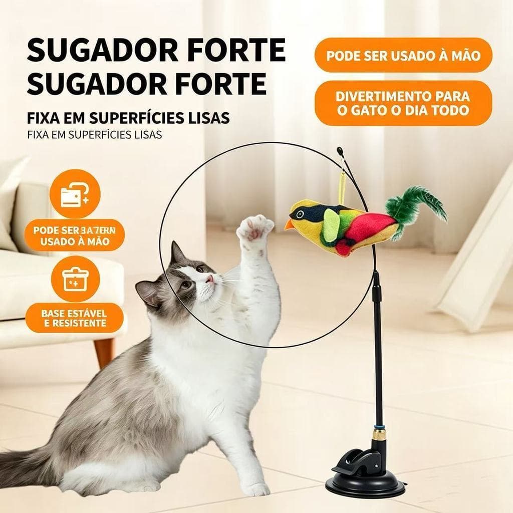Varinha interativa para gatos com pássaro giratório, ventosa para uso sem as mãos e função de brincadeira automática.
