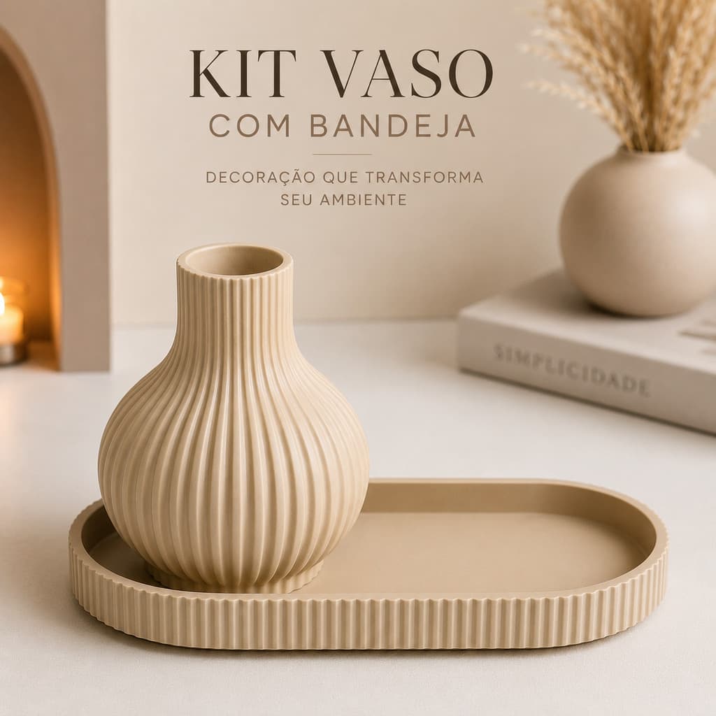 Kit Vaso Decorativo com Bandeja Canelada Minimalista para Lavabo Sala Quarto Mesa e Decoração Moderna