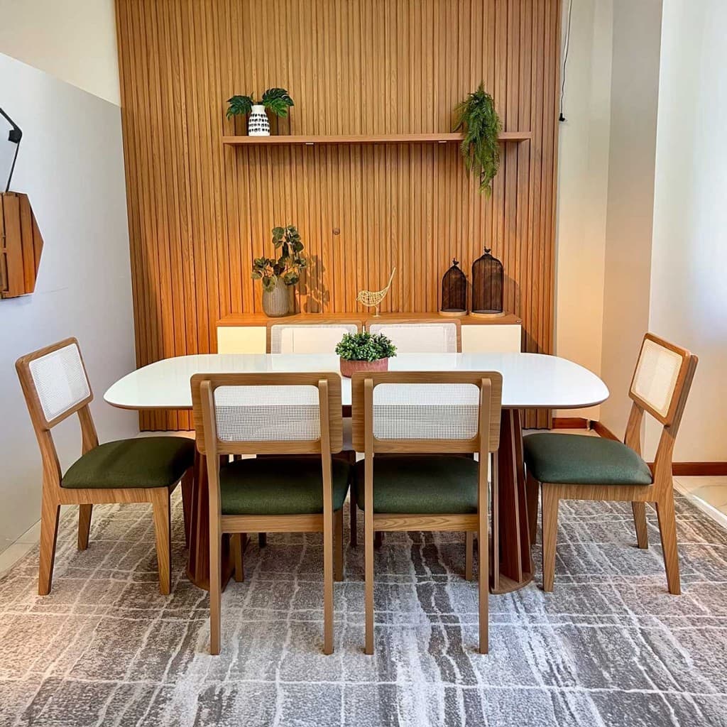 Conjunto Kit Mesa Jantar Oval com 6 Cadeiras Encosto Tela 100% MDF Off White Verde
