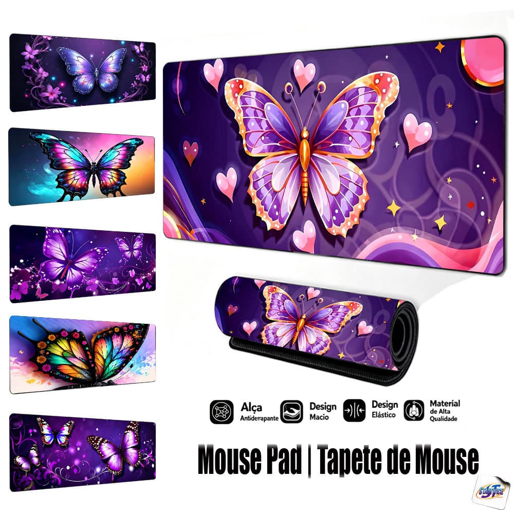 Mouse Pad Gamer Tapete de Mouse 80x30 Borboleta da Sorte, Base de Borracha Antiderrapante Borda Costurada FPS Escritório