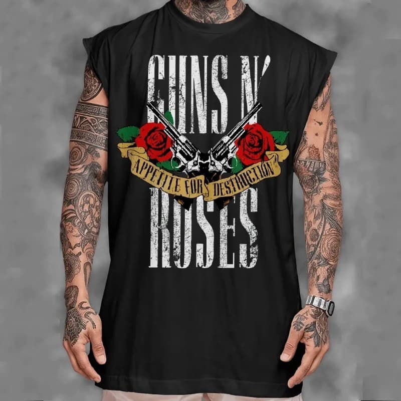 Blusa Regata Masculina Camiseta Machão Rock n Roll Guns And Roses Caveira Rosas Academia Streetwear
