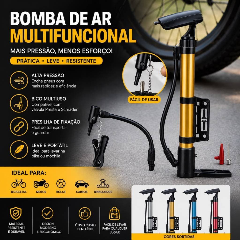 Mini Bomba de Ar Portátil para Bicicleta Bike Moto Bola Pneus Manual Alta Pressão com Suporte e Bicos Adaptadores
