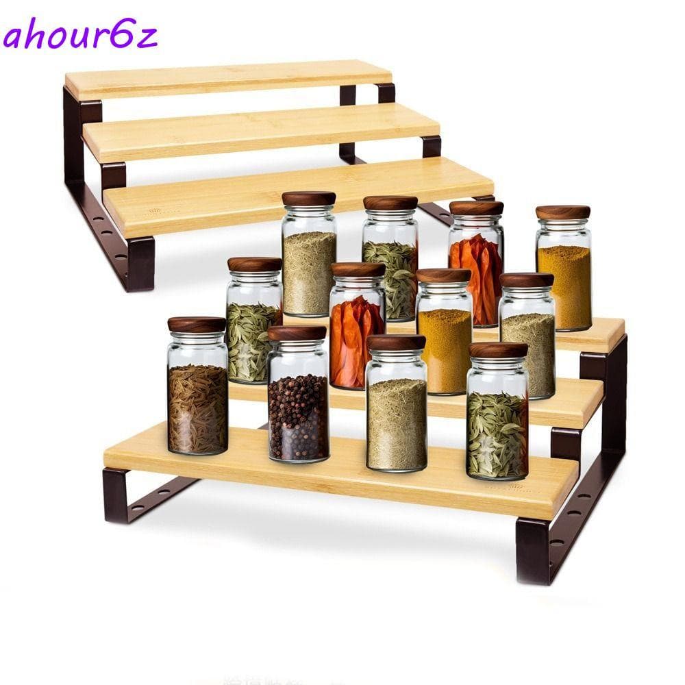 Rack De Especiarias De 3 Camadas AHOURZ , Armazenamento Expansível De Bambu De Grande Capacidade , Removível