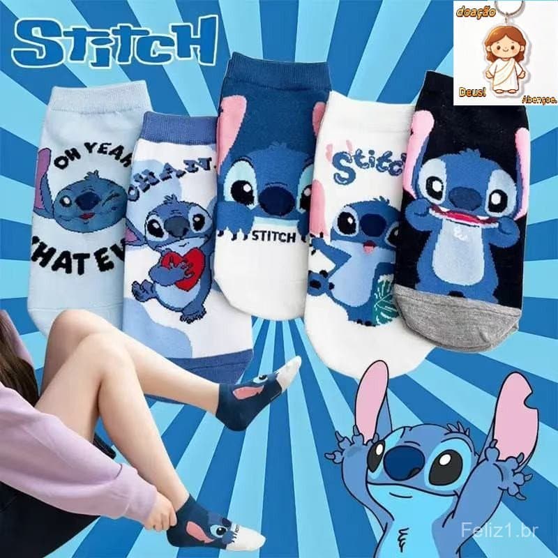 Meias Stitch Infantil Sock Desenho Animado Algodão Curtas Kawaii Meia