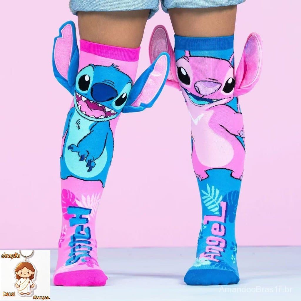 Meia Stitch Infantil 3D Cano Alto Cartoon Desenho Animado Meia Maluca Divertida Personagens