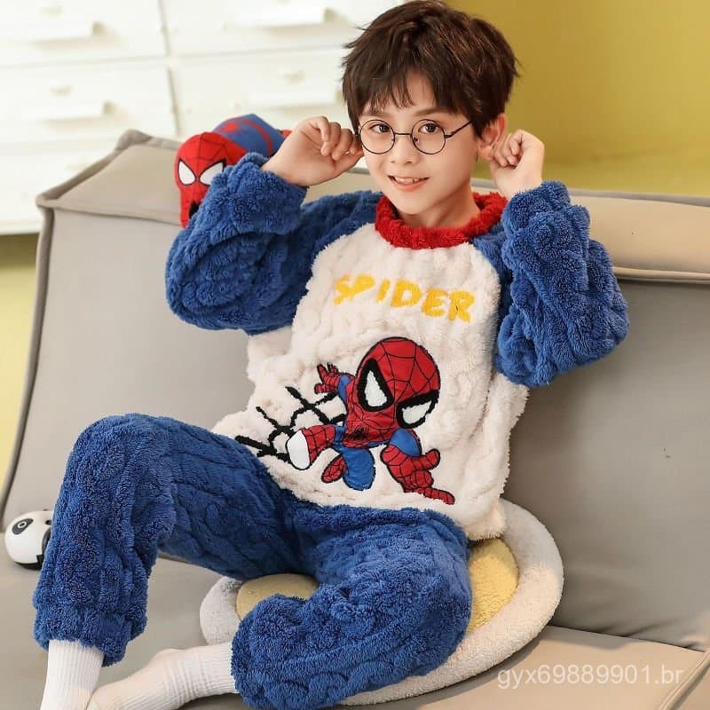 Roupa de Inverno para Crianças, Conjunto de Pijama de Menino com Estampa de Desenho Animado, Flanela Grossa, Manga Longa
