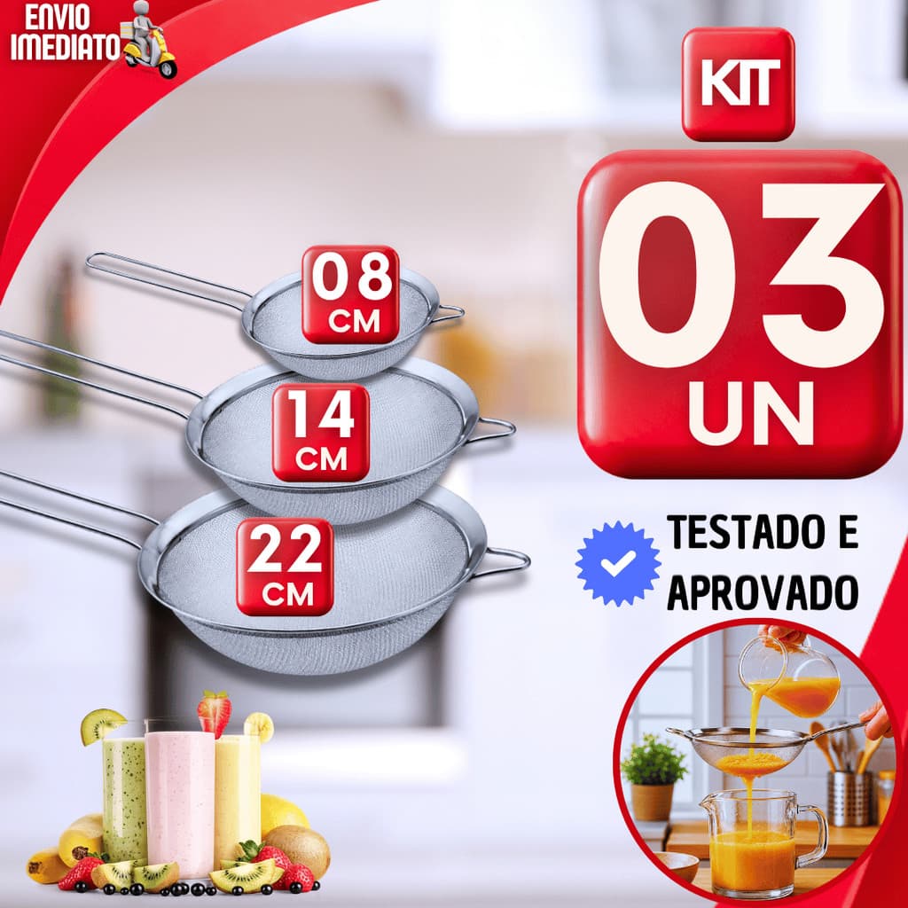 KIT PENEIRAS EM AÇO INOX MALHA FINA 22CM 14CM 08CM PARA FARINHA, AÇÚCAR, COAR LÍQUIDOS, ESCORRER MASSAS E COZINHA