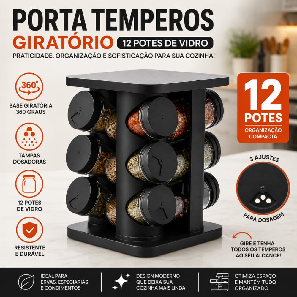 Porta Tempero Condimento Girátorio 12 Potes Cozinha Preto 360 Graus Organizador Dosador Profissional