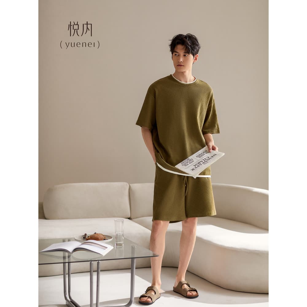 Yue pijamas internos masculinos verão verão verão puro algodão Shorts de manga curta novo estilo Loungewear solto Casual