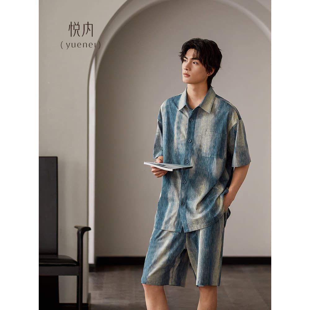 Yue pijamas internos masculinos verão manga curta puro algodão Homewear masculino Casual Tie-Dye angustiado Cardigan pod
