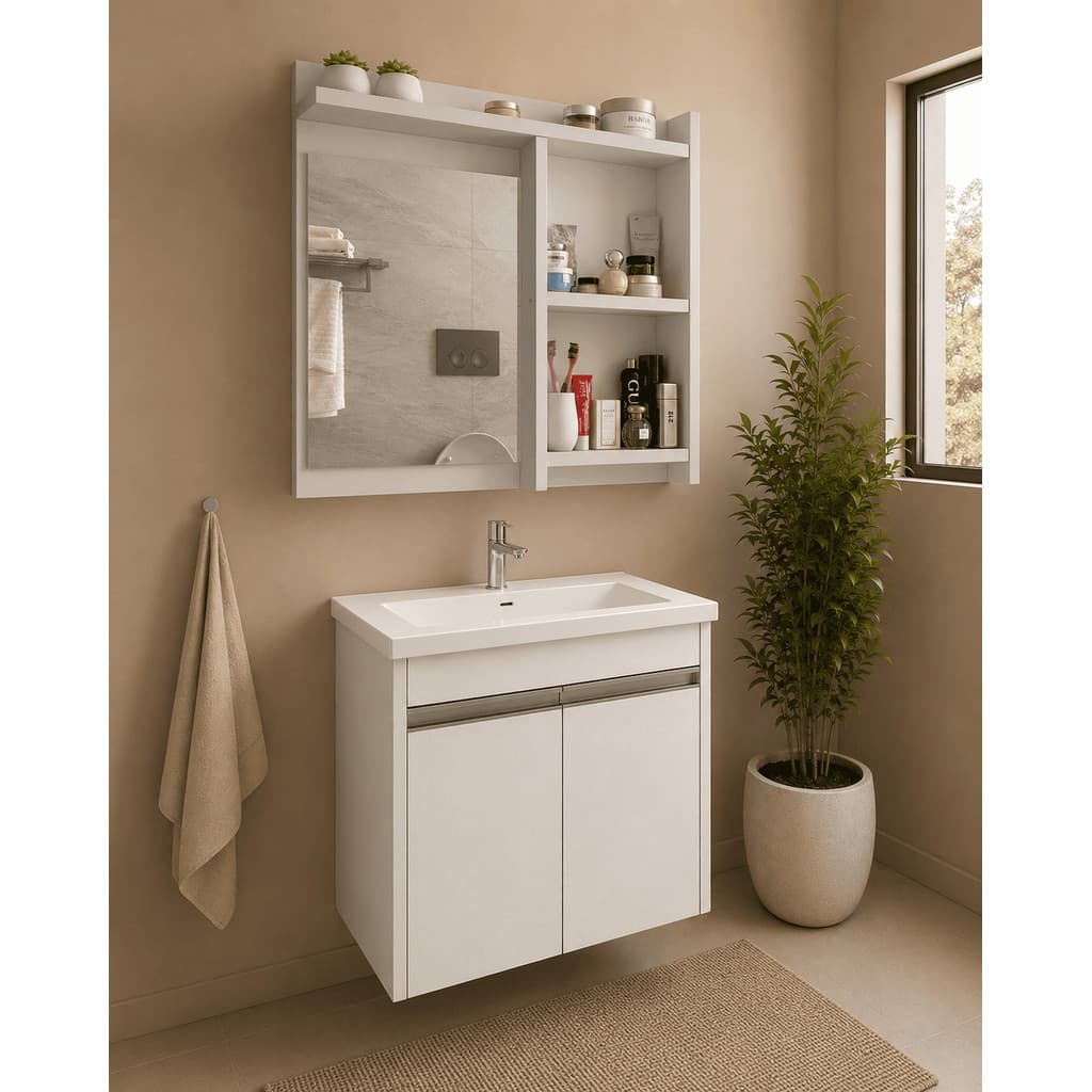 Kit conjunto compacto para Banheiro armário com Pia + Espelheira de parede Branco
