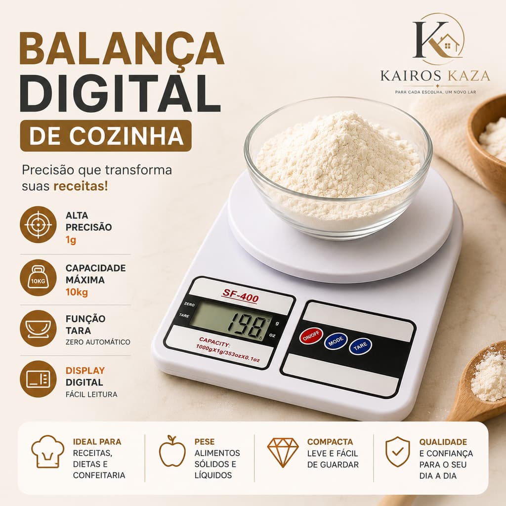 Balança de Alimentos Digital 10Kg Precisão Para Cozinha
