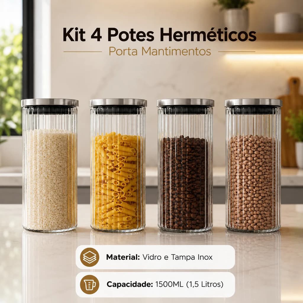 Kit Potes Hermético De Vidro Tampa Inox Mantimentos 1.5L Conjunto 2 3 4 Potes Café Arroz Cereais Macarrão