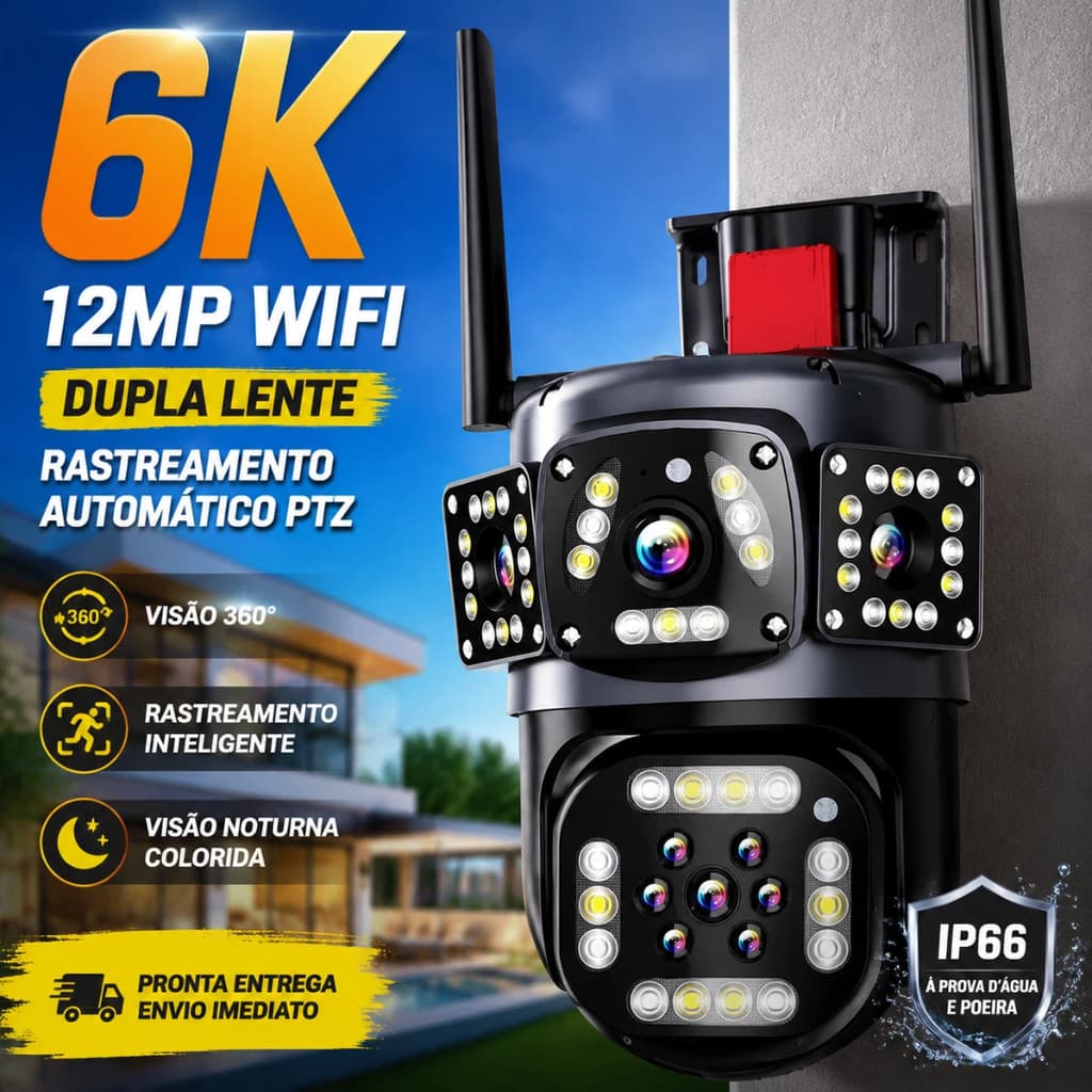 Câmera De Segurança 6K 12MP WiFi Dupla Lente Rastreamento Automático PTZ