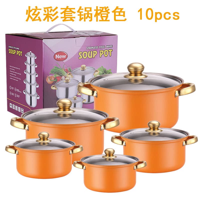 [Novo produto] conjunto de panelas coloridas de aço inoxidável panela antiaderente 12 peças conjunto de panelas de aço i