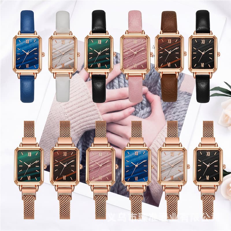 Luz de luxo Retro pequeno mostrador quadrado senhoras relógio rosa ouro malaquita textura dial relógio quartzo