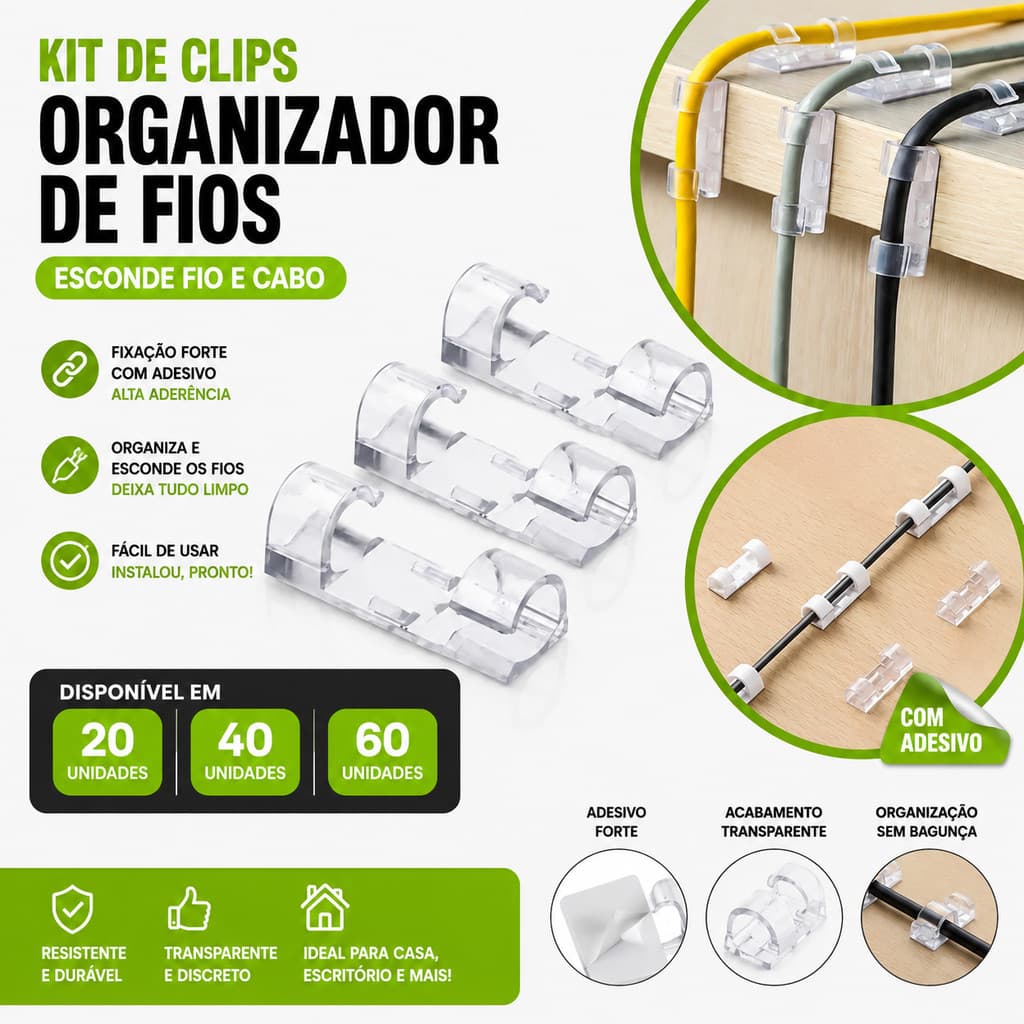Kit Clips Organizadores de Fios Autoadesivo Transparente Fixador de Cabos Esconde Fios para Mesa, Parede e Escritório