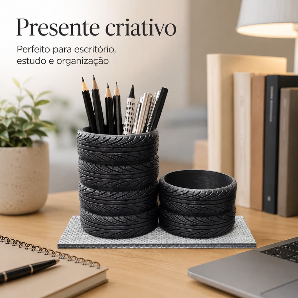 Organizador de Mesa Porta Canetas Lápis Clips Pneu Carro Corrida 3D Presente Mecânico Engenheiro
