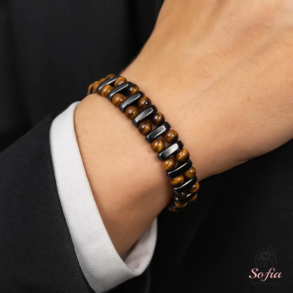 Pulseira de Proteção - Pulseira de Pedra Olho de Tigre - Pulseira de Pedra Hematita - Pulseiras para Homens RV7H