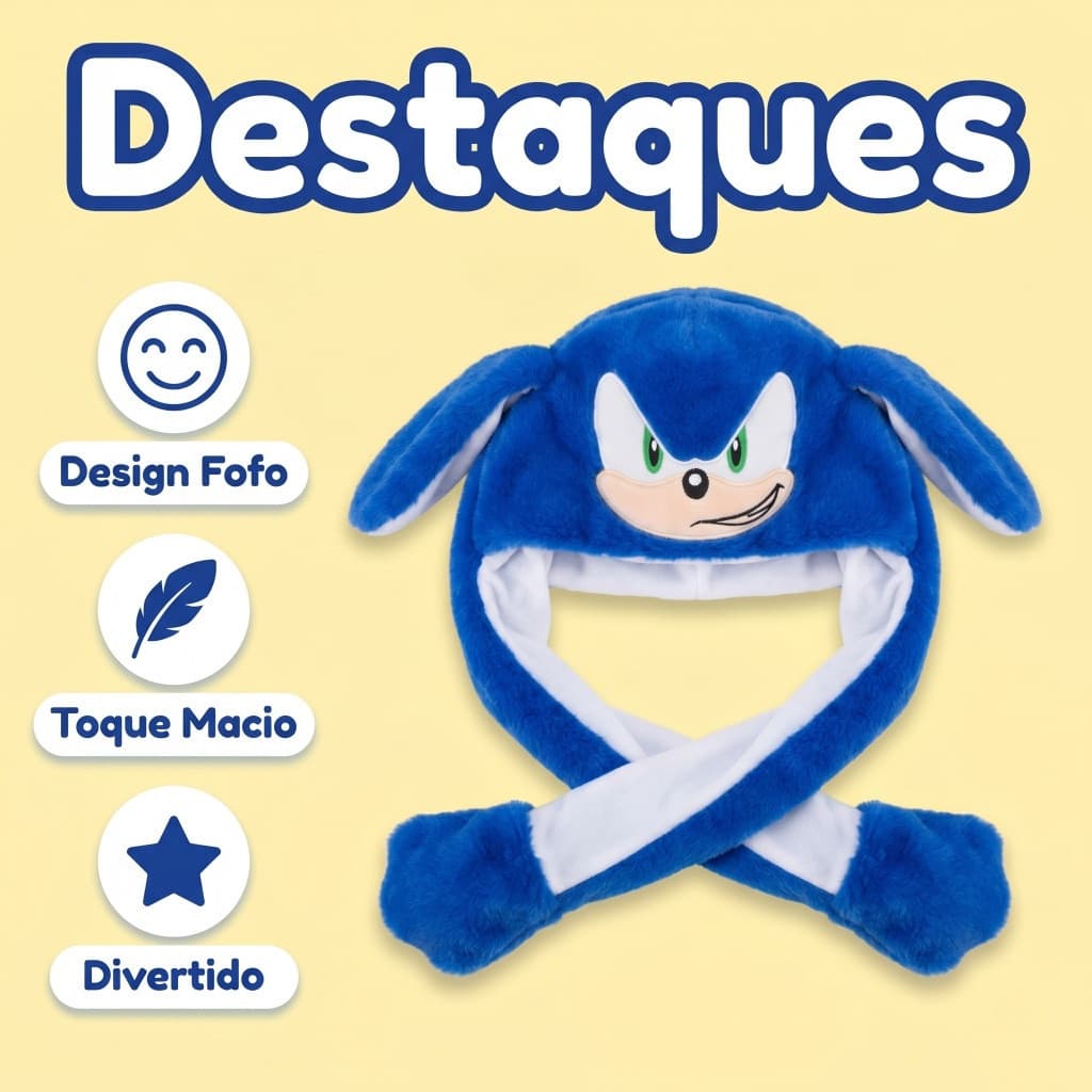 Chapéu infantil Sonic com luzes e orelhas móveis, adequado para meninos.