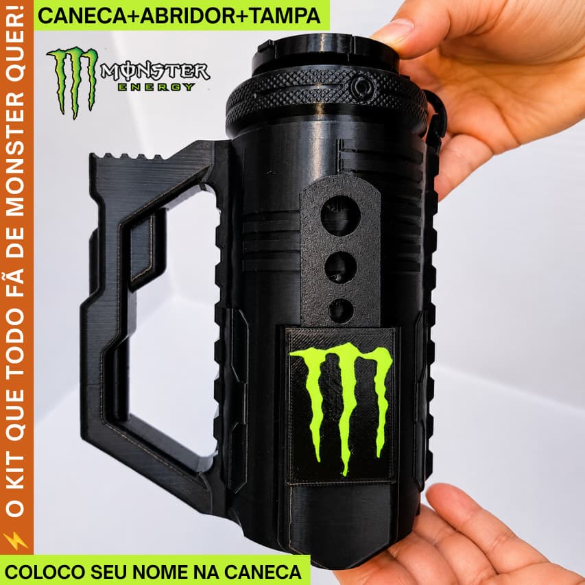 Caneca Porta Lata Tatica Preta Monster Térmico Personalizado Exclusivo + Abridor + Tampa