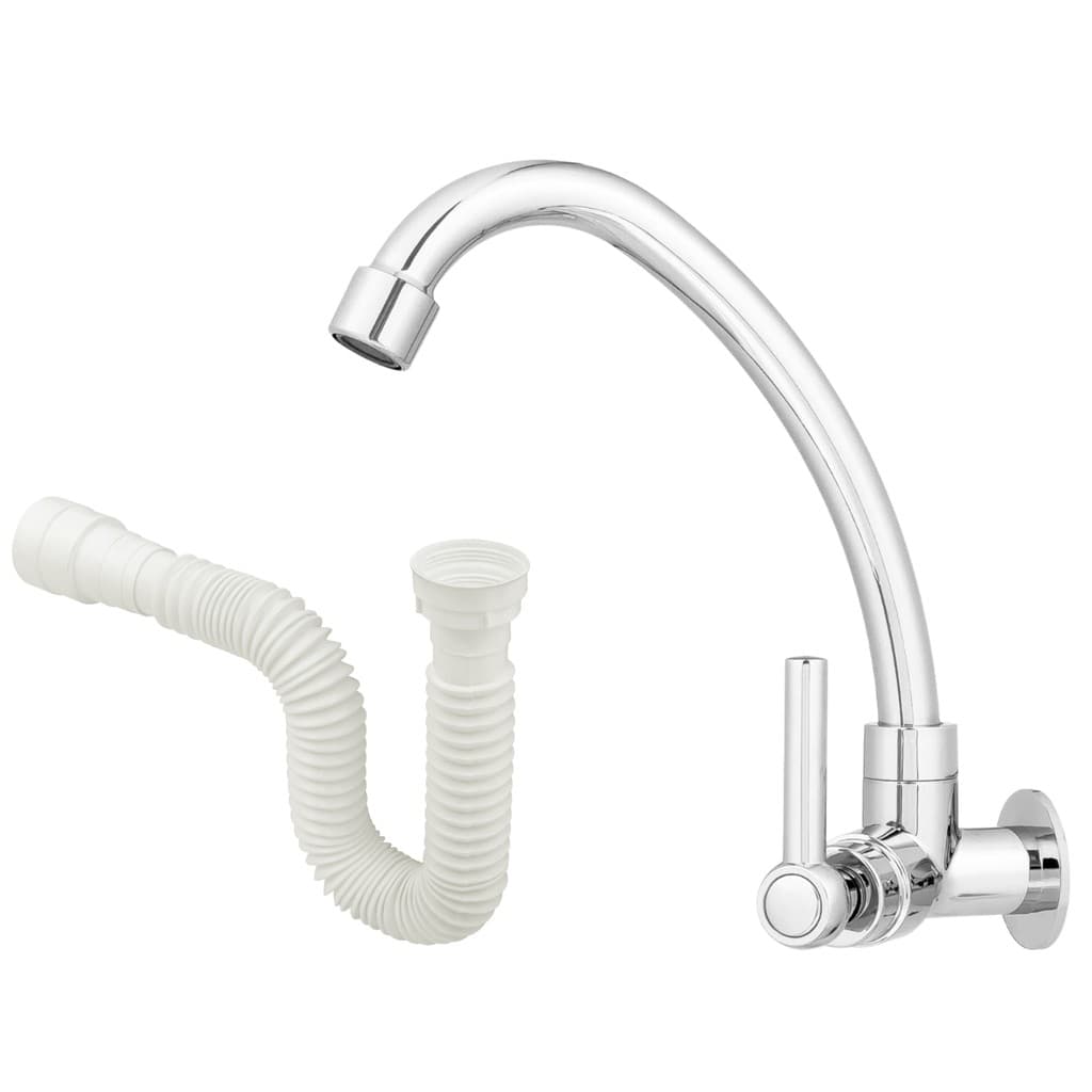 Kit Torneira Parede Bica Longa Cromada ABS + Sifão Universal Branco