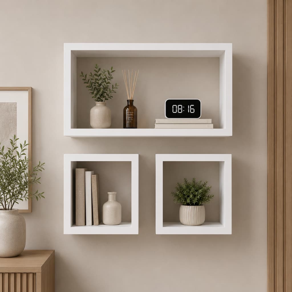 Conjunto 3 Prateleiras Decorativas de Parede em MDF 15mm Nicho Quadrado e Prateleira