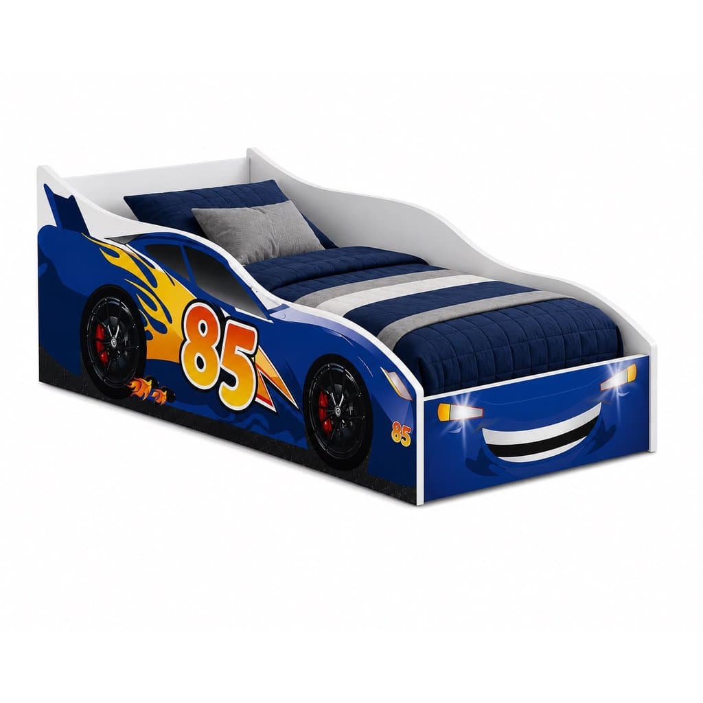 Cama Infantil Carro McQueen Azul Com Colchão Quarto Menino MDF Grade Proteção Montessoriana LOJAS MABH