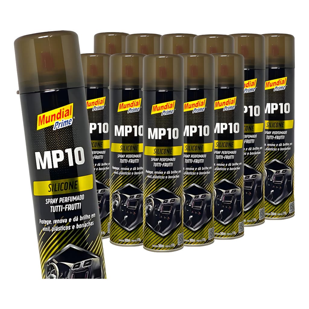 Kit 12 Silicone Spray, Finalizador Automotivo, Mundial Prime, Perfumado, Brilho, Proteção, Painéis, Plásticos e 300ml/17