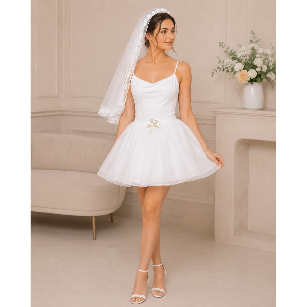 Kit Noiva Saia Tule Branca + Tiara com Véu de Renda