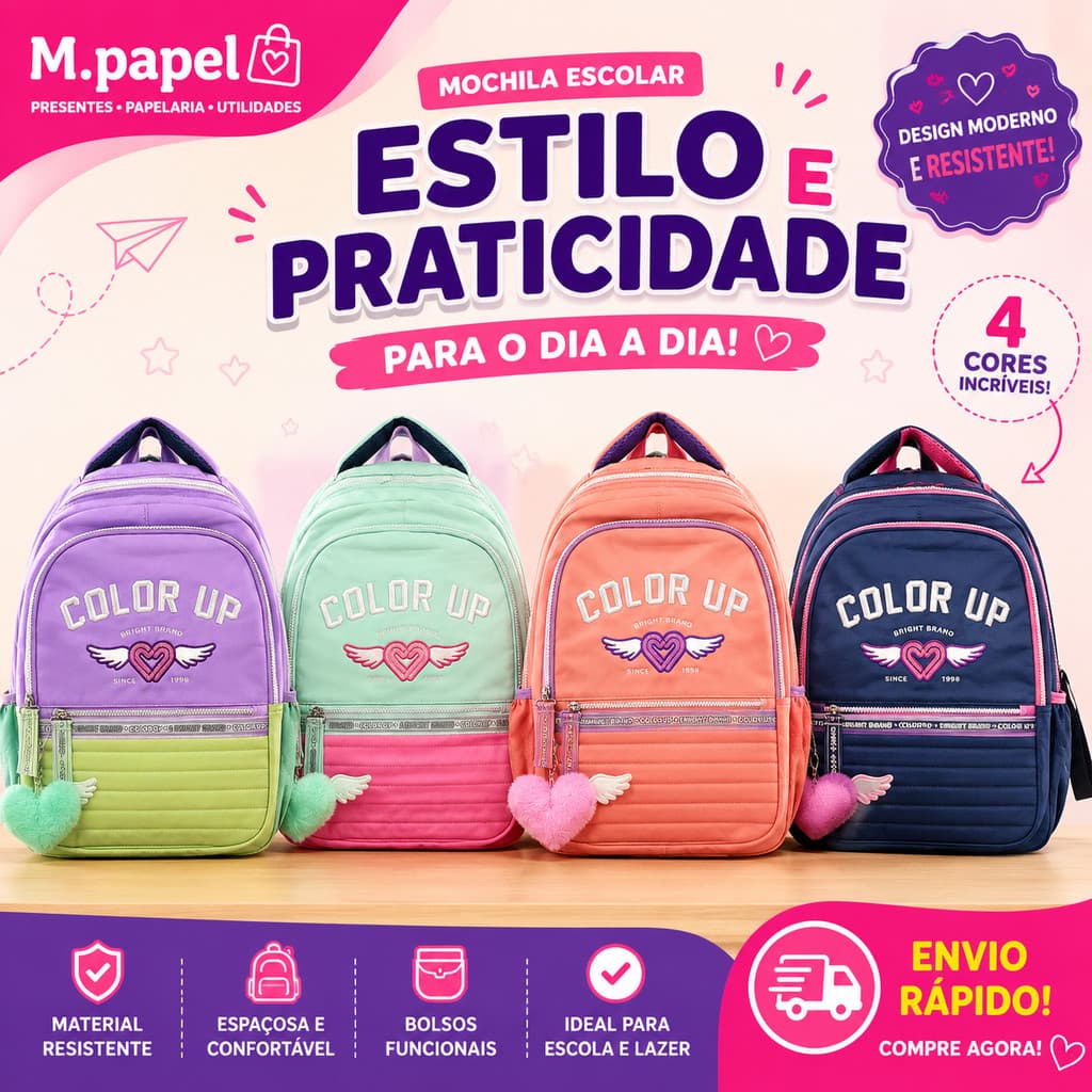 Mochila Escolar Grande Color Up Feminina Juvenil Reforçada Resistente Alças Acolchoadas 4 Cores Volta as Aulas