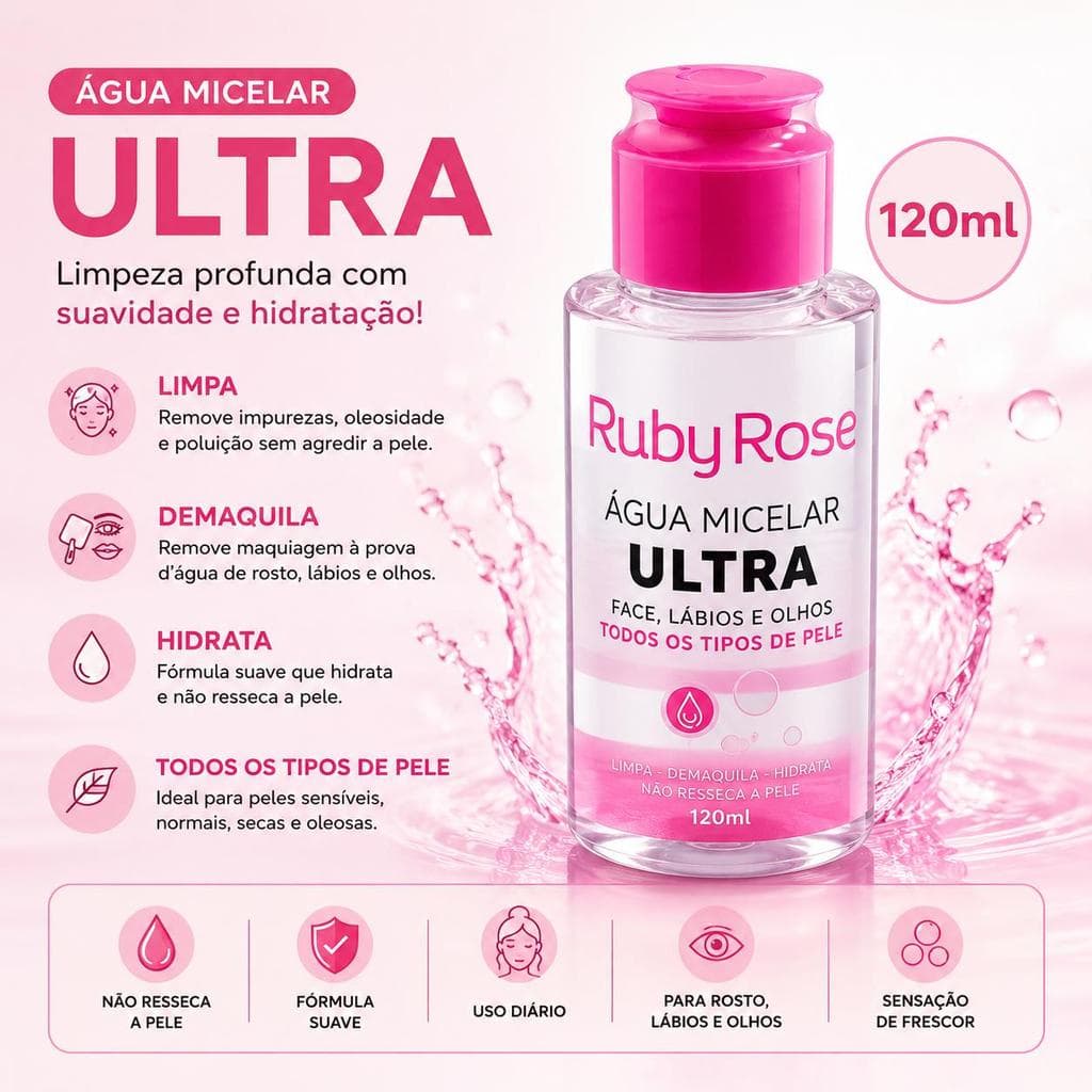 Ruby Rose Água Micelar Ultra  - Higieniza Suaviza Tonifica Hidrata Demaquila Sem Oleosidade para Todos os Tipos de Pele