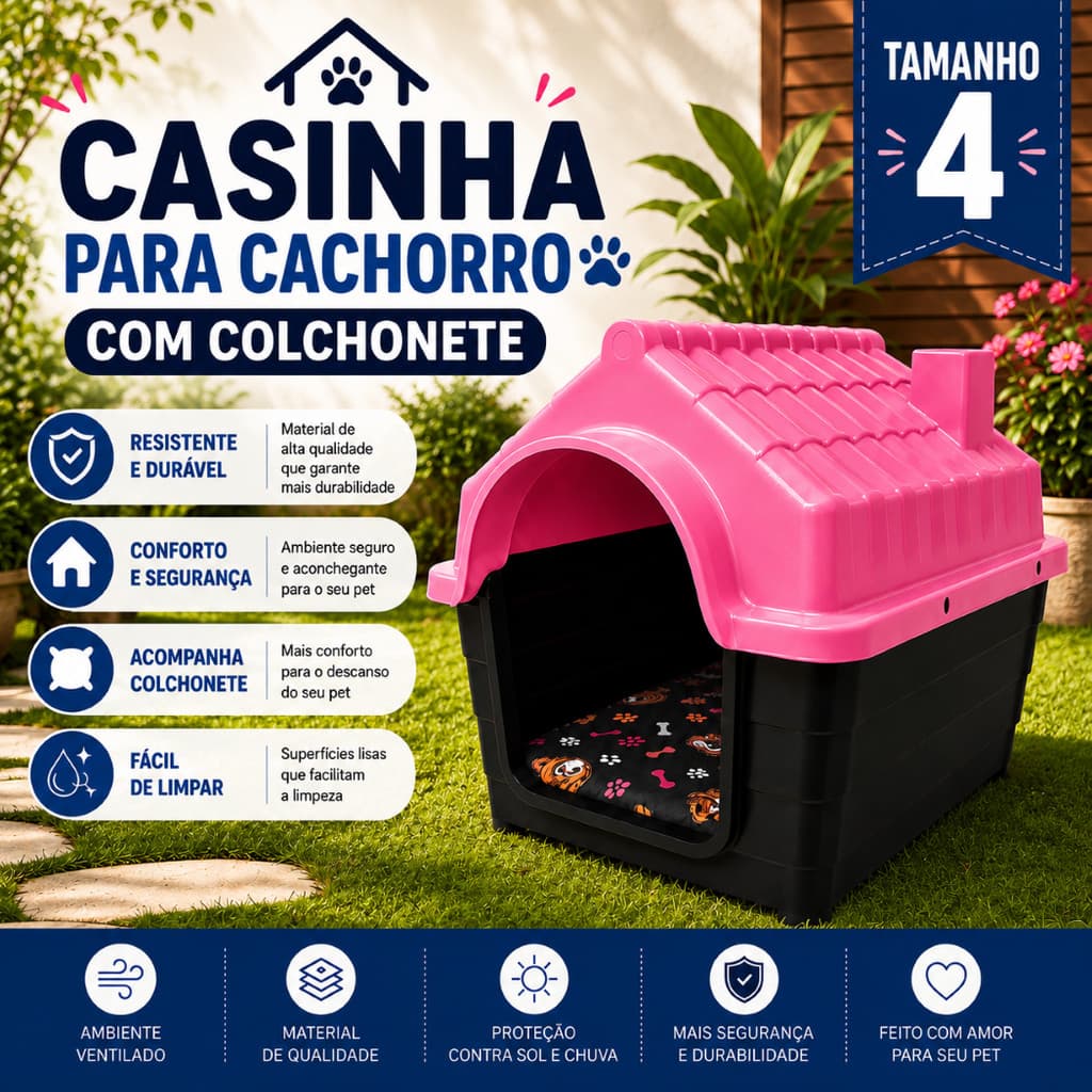 Casinha Plástico Resistente N4 para Cachorro com Colchonete Confortável