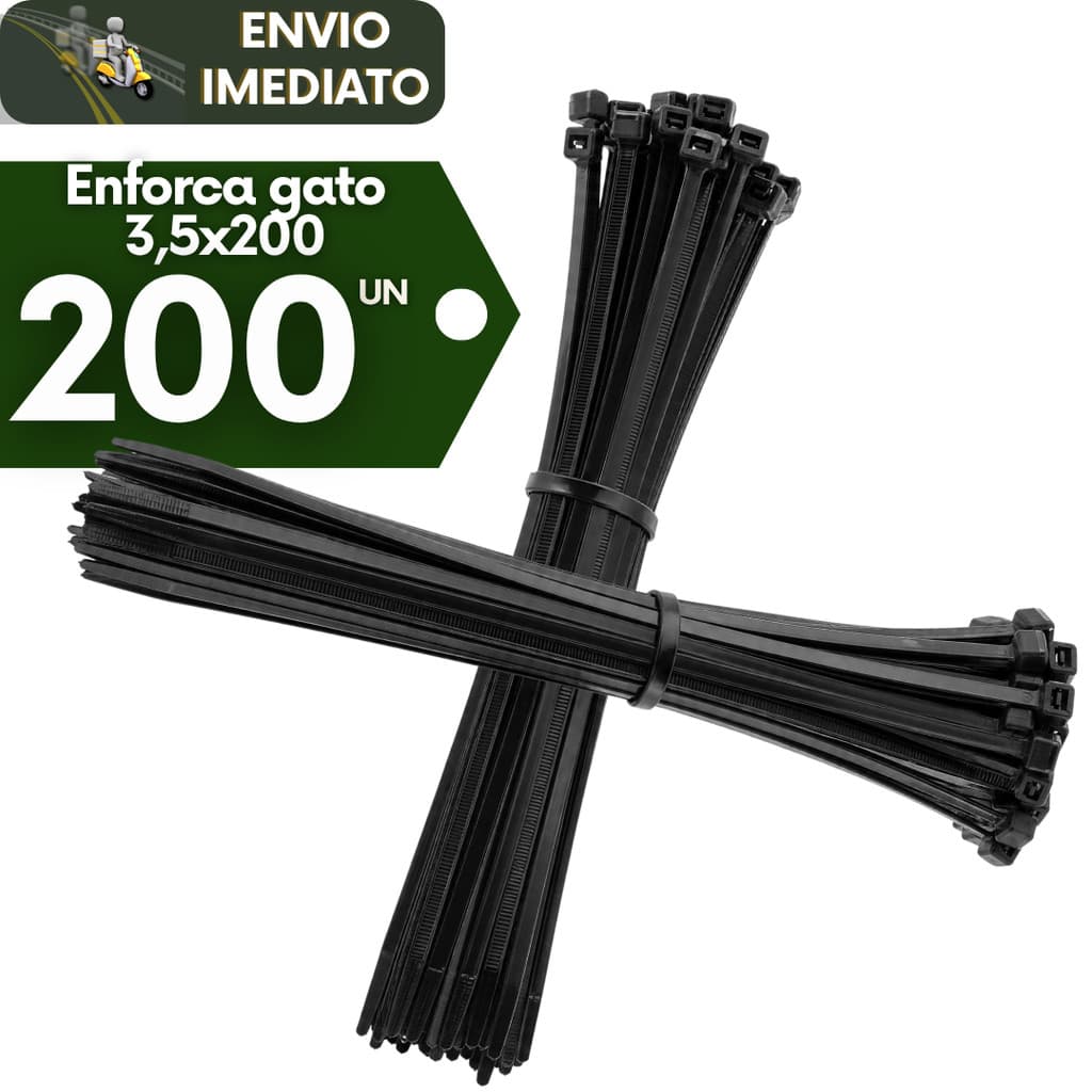 Kit 200 Abraçadeira de Nylon Enforca Gato Preta 3,5X200MM Trava Resistencia e Durabilidade Alta Qualidade
