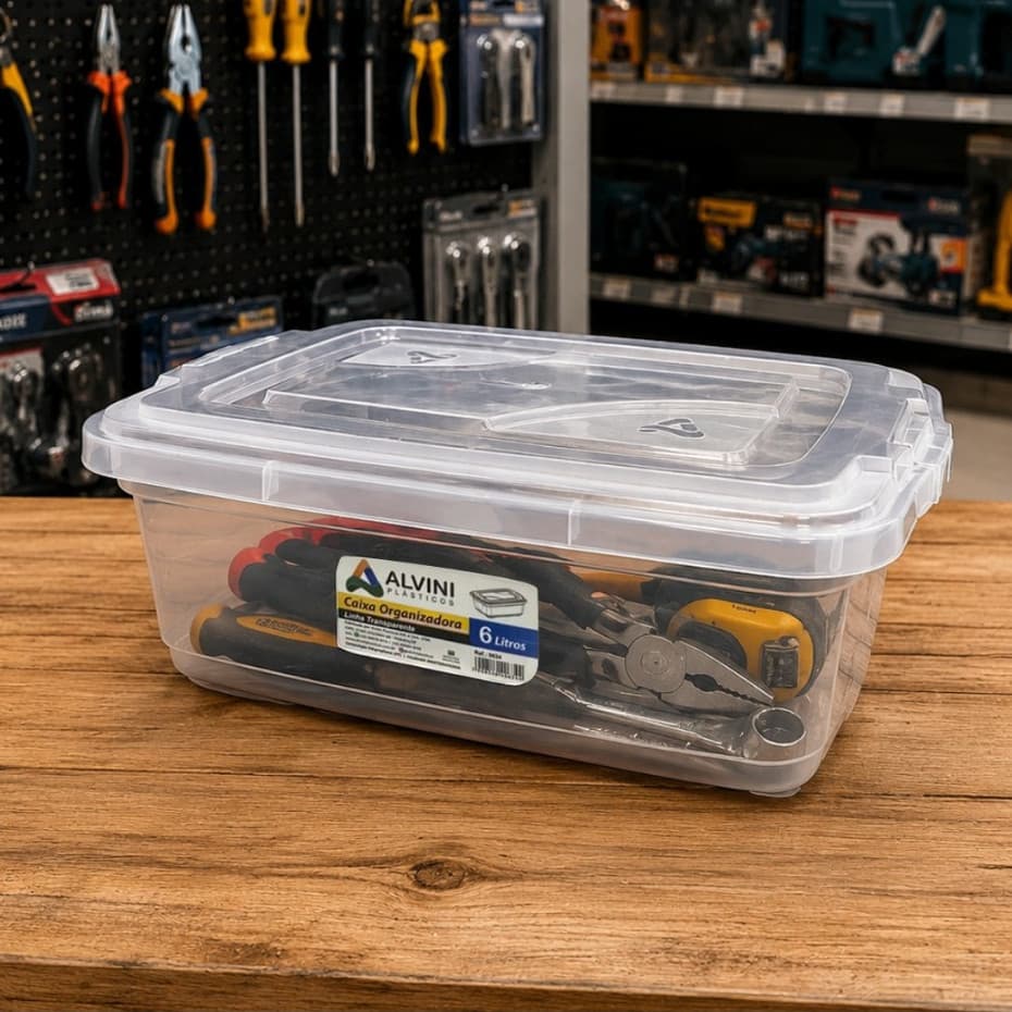 Caixas Organizadoras Plásticas 6L Transparente Multiuso Tampa Trava Empilhável Compacta