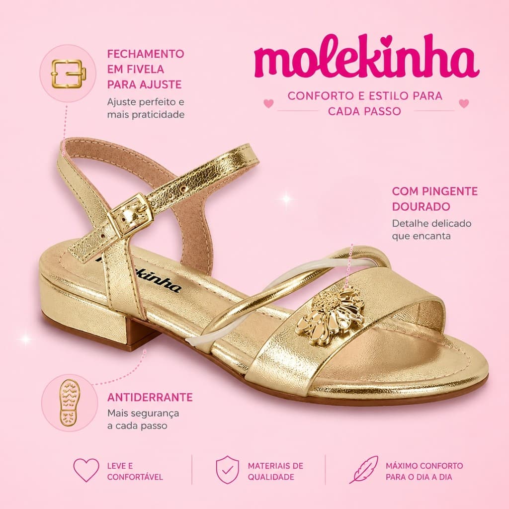 Sandália Infantil Menina Molekinha Dourada Ouro Salto Baixo Pingente Festa | Lançamento ! | Original Molekinha