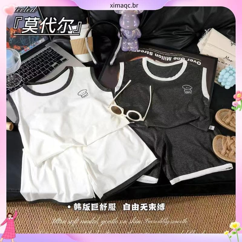 800 9 pessoas coleção 2025 verão novo estilo crianças médio grande crianças Modal Homewear estilo fino solto sem mangas