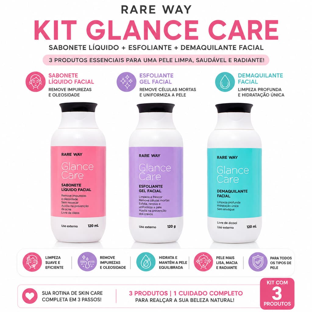Kit Limpeza Facial Demaquilante Esfoliante Sabonete Glance