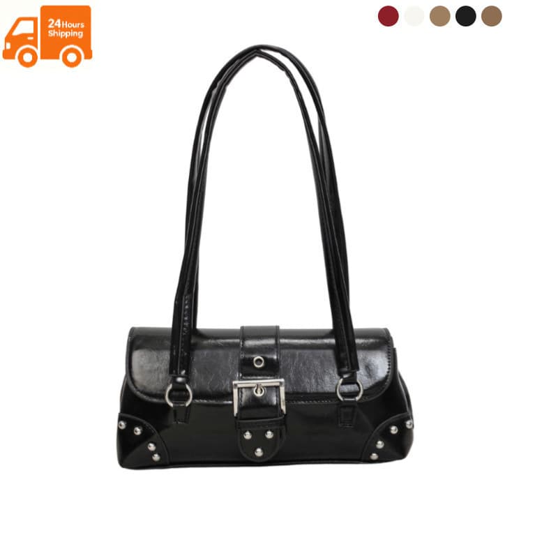 Bolsa de ombro de grande capacidade em couro PU decorada com rebites de estilo coreano.