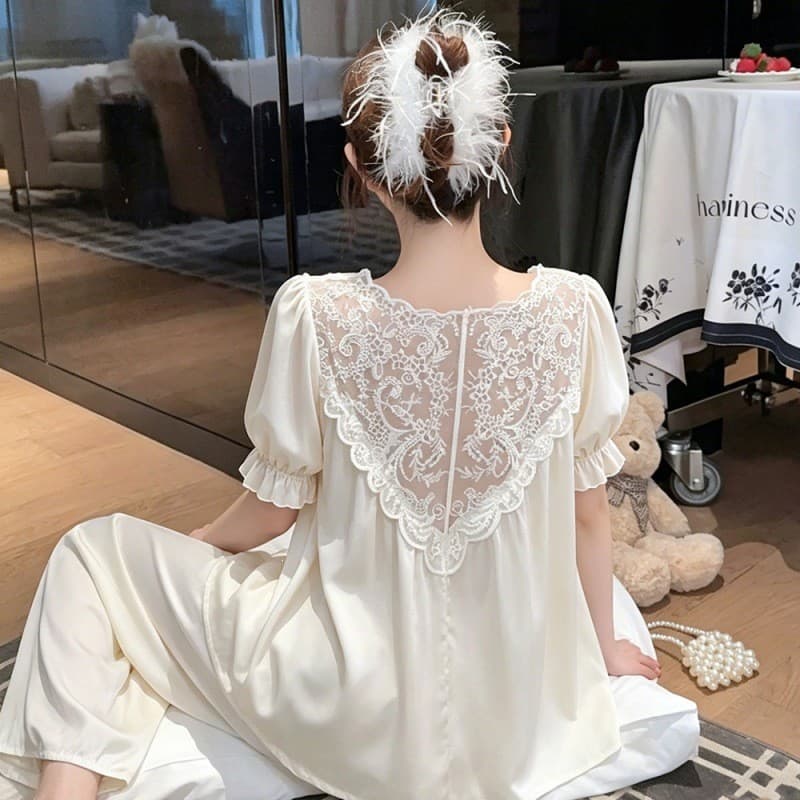 Conjunto de Pijama Feminino de Seda Gelada Estilo Palaciano Francês, Manga Curta e Calça Comprida, com Renda, Costas Vaz