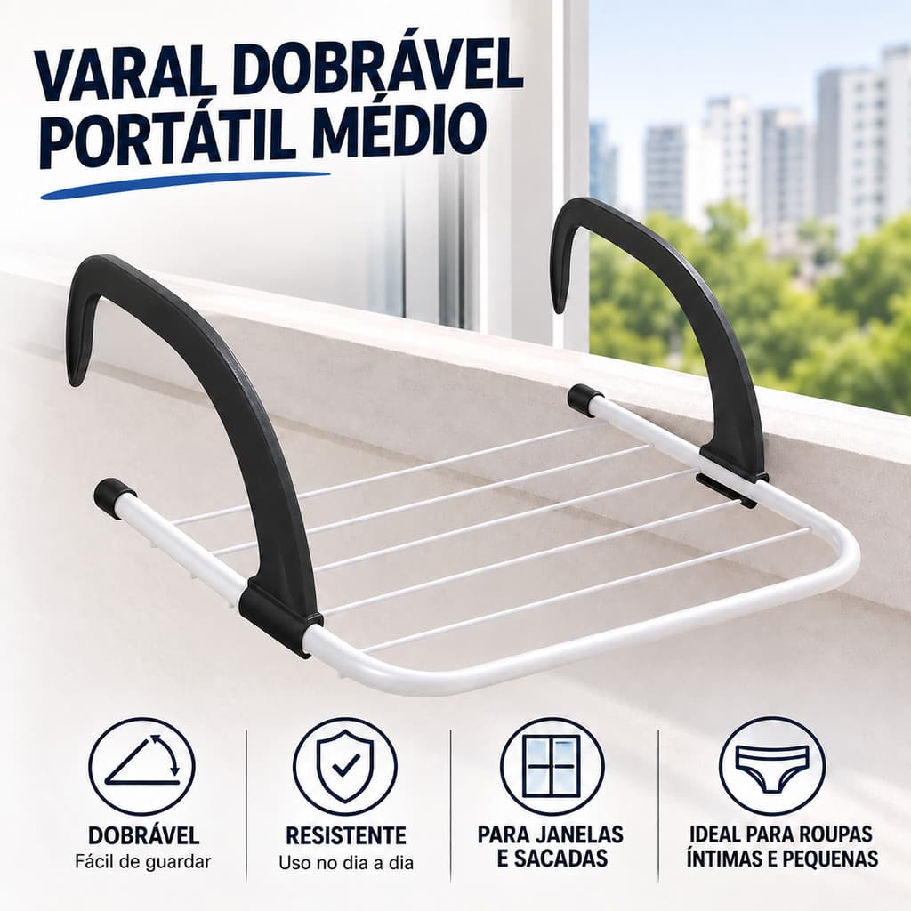 Varal Dobrável Portátil para Janelas e Varandas Compacto Resistente Ideal para Apartamentos Lavanderias Sacadas