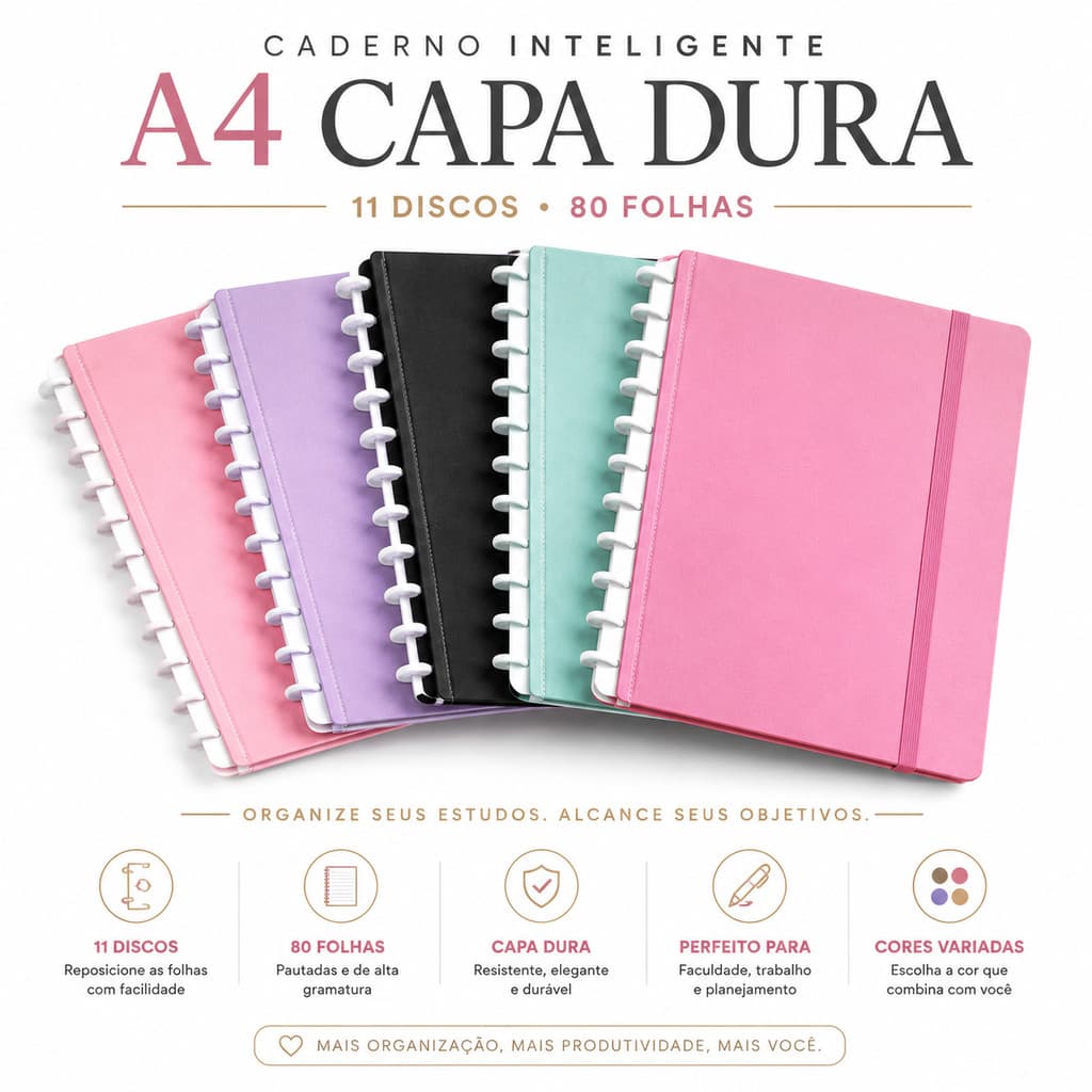Caderno Inteligente A4 Capa Dura 80 Folhas com Discos Reposicionáveis Fichário Universitário Premium