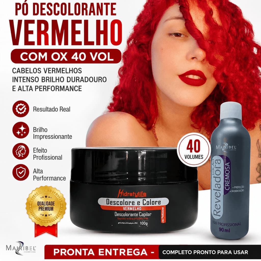 Po Descolorante Vermelho com OX 40 Vol Cabelos Vermelhos Intenso Brilho Duradouro e Alta Performance