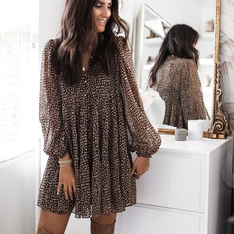 Vestido Feminino Solto com Estampa de Leopardo e Manga Lanterninha UHUT, Decote em V, Estilo Europeu-Americano, Primaver