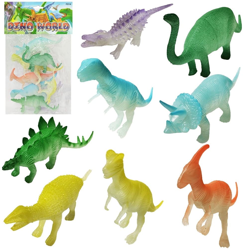 Kit Animal Dinossauro De Plastico Dino World Brilha No Escuro 8 Pecas
