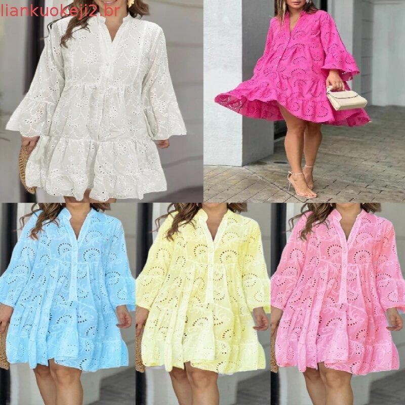 YYR-- Vestido De Verão Feminino Com Renda Vintage Bordado Solto Oco Fora Confortável E Elegante Mini Lady Supply