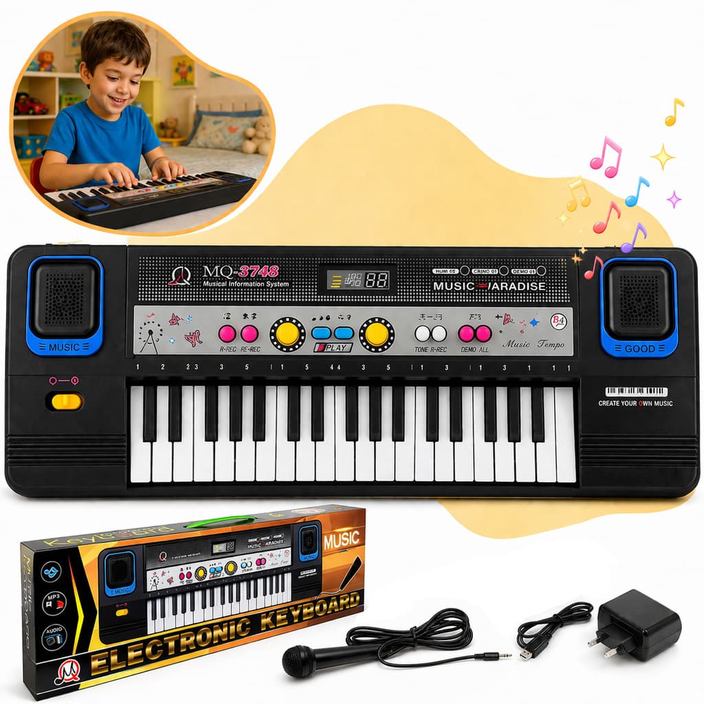 Teclado Piano Musical Eletrônico Com 37 Teclas Infantil Com Microfone Educativo Iniciante Com Fonte Kizumba