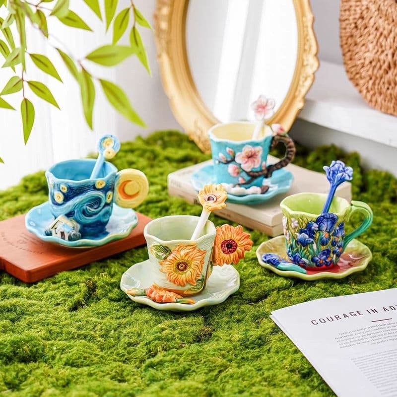 Van Gogh céu estrelado cerâmica copo prato conjunto xícara de café xícara de chá com colher copo de água flor conjunto d